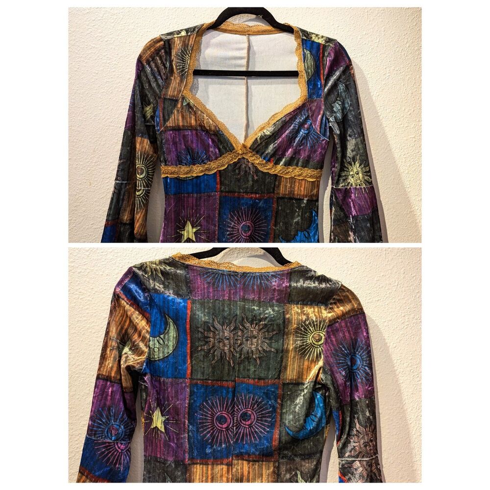 Shein - Grunge Sun & Moon Print Contrast Lace Flounce Sleeve Dress Sz XS - Picture 4 of 12